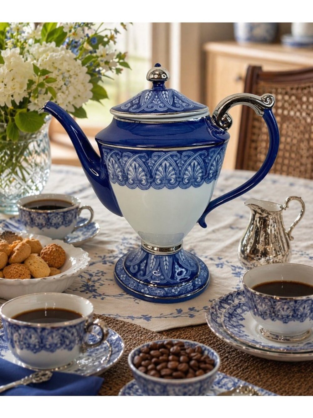 VTG 90s Bombay Co Blue & White Porcelain Coffee Pot Silver Trim 11" EUC